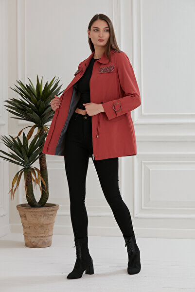Trenç Boncuk İşleme Detaylı Kadın Trençkot