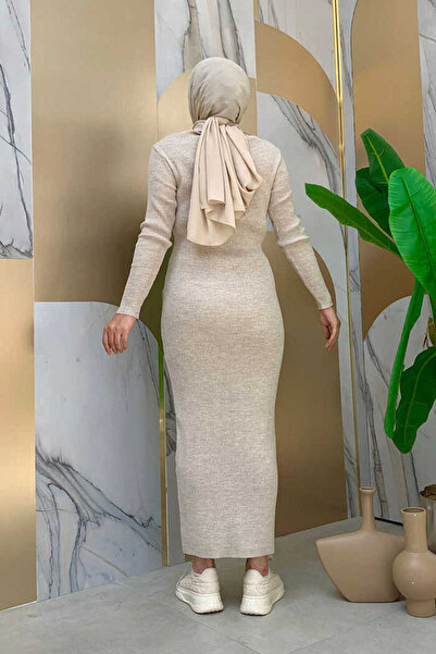 Bym Fashion Button Detailed Pocket Look Knitwear Tight Dress Stone