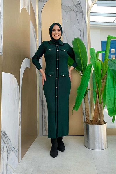 Bym Fashion Κουμπί Λεπτομερής Pocket Look Πλεκτό Στενό Φόρεμα 23312 Emerald
