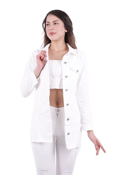 RICHMOST Ripped and Finished Tassel Long Sleeve Classic Collar Women's Denim Jacket Four Seasons White