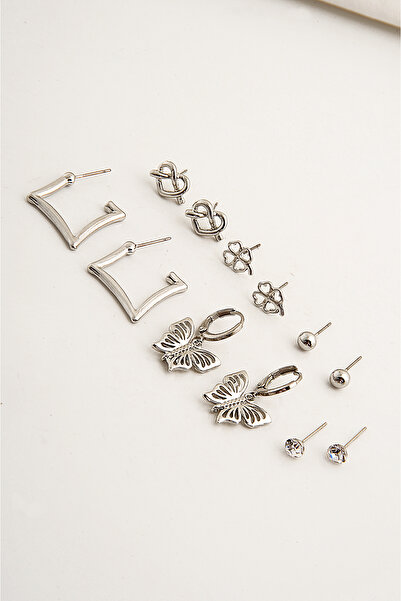 EUROMODA Kelebek Kalp ve Yonca Figürlü Gümüş Renkli Halka Tektaş ve Top Küpeli 6lı Unisex Küpe Seti