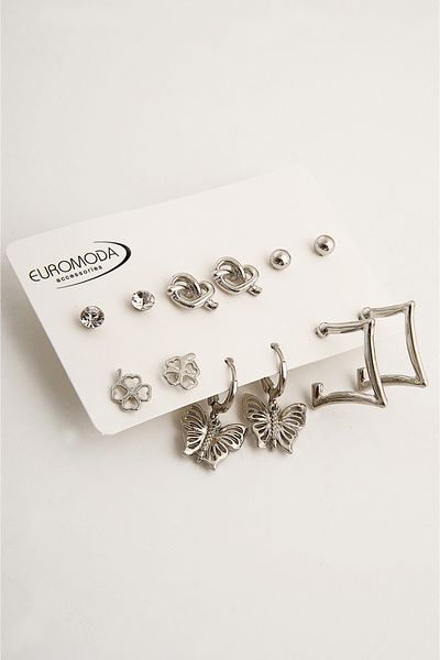 EUROMODA Kelebek Kalp ve Yonca Figürlü Gümüş Renkli Halka Tektaş ve Top Küpeli 6lı Unisex Küpe Seti