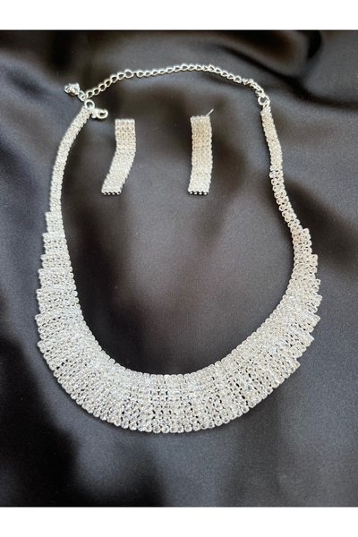 COCOSH TAKI Gümüş renk zirkon taşlı gelin düğün gerdanlık kolye küpe seti