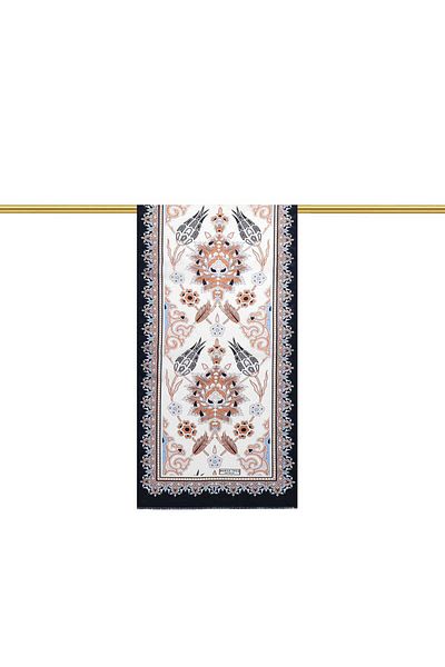 Bursa İpek Navy Blue Beige Tile Tulip Voile Silk Scarf