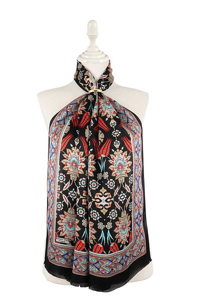 Bursa İpek Black Tile Tulip Pattern Narrow Silk Scarf