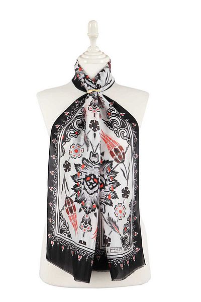 Bursa İpek Black Gray Tile Tulip Voile Silk Scarf