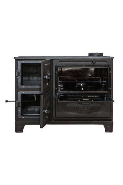 Süsler Kömürlü Soba Siyah Modern Döküm Kuzine Soba Fırınlı Soba Camlı Kuzineli Soba Kömür Odun Sobaı
