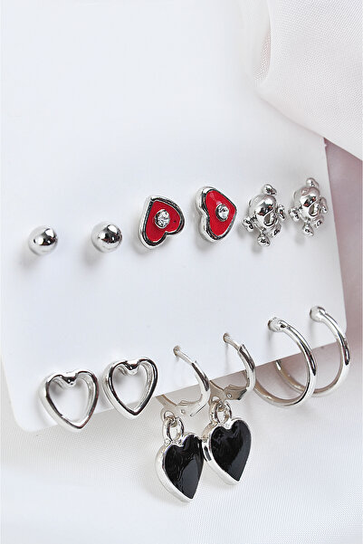 EUROMODA Kalp Modelleri Ve Iskelet Tasarımlı Halka Ve Top Küpeli Küpe 12li Seti