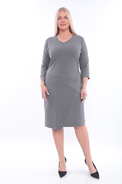 etselements Γυναικείο φόρεμα με λαιμόκοψη σε σχήμα V με λεπτομέρεια από πέτρα με λωρίδες, ίσιο μίντι φόρεμα μεγάλου μεγέθους