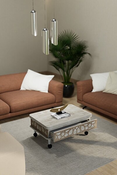 kolexonline Lisa Tekerli Ahşap Orta Sehpa Desen Işlemeli Çekmeceli Antik Beya...