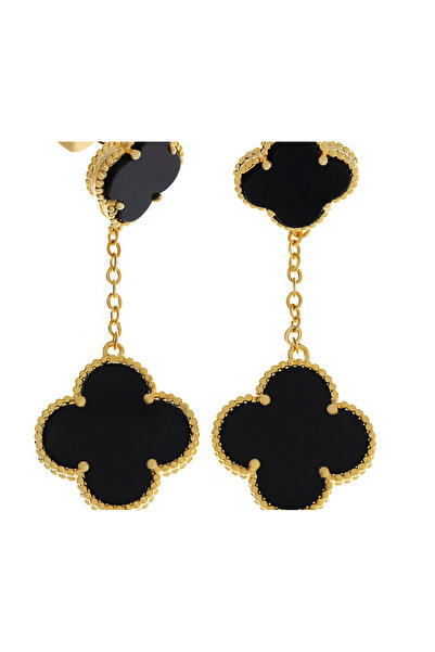 celikchi Kadın Siyah Renk Yonca Model İkili Çelik Küpe