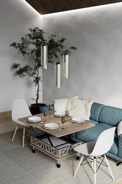 kolexonline Lisa Tekerli Sihirli Sehpa Akıllı Masa Yemek Masası Çekmeceli Antrasit Renk