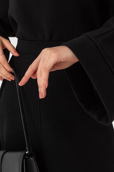 lovebox Three Thread Fabric Round Collar Wide Sleeve Cut Oversize Sweatshirt and Flared Skirt Black Suit 6186