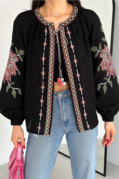 FEMELLE Jachetă casual vintage cu pompon brodat trandafir negru de damă