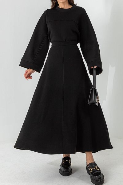 lovebox Three Thread Fabric Round Collar Wide Sleeve Cut Oversize Sweatshirt and Flared Skirt Black Suit 6186