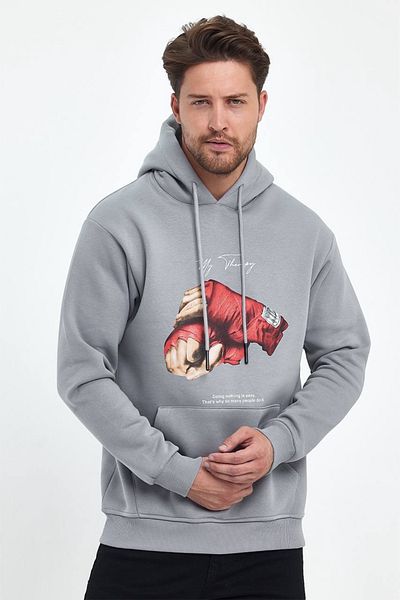 MADZEYMODA Pánská oversize šedá mikina se 3 vlákny a zvýšenou kapucí s potiskem
