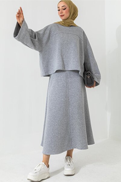 lovebox Cotton Fabric Wide Sleeve Oversize Sweatshirt Flared Skirt Gray Hijab Suit 6186