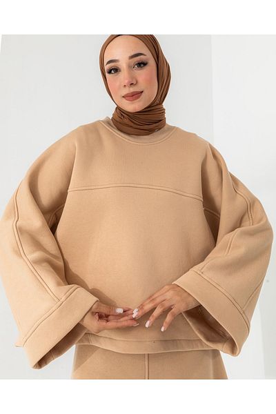 lovebox Cotton Fabric Wide Sleeve Oversize Sweatshirt Flared Skirt Beige Hijab Suit 6186