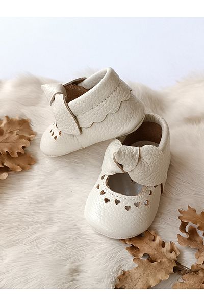 Hodore Alice Ribbon Ecru Genuine Leather Baby Loafer Booties