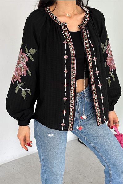 FEMELLE Jachetă casual vintage cu pompon brodat trandafir negru de damă