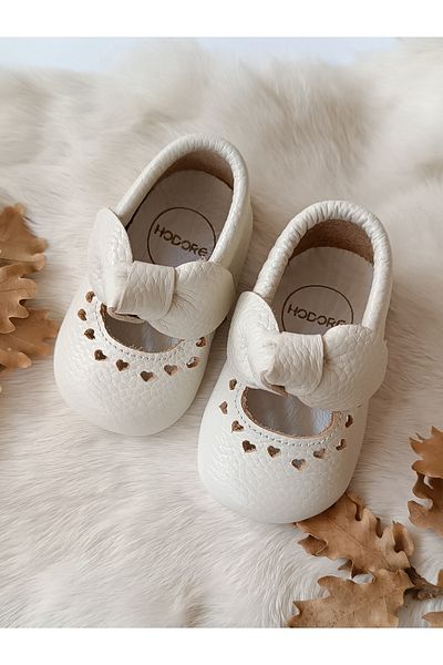 Hodore Alice Ribbon Ecru Genuine Leather Baby Loafer Booties