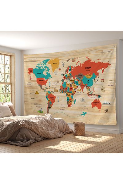 blackshop Turkish Educational and Decorative World Map Wall Cover - Wood Look Atlas, Carpet 3867