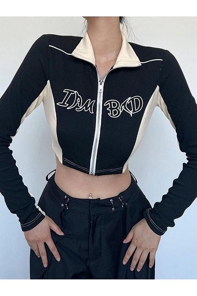 Planet Butik I Am Bad Zippered Long Sleeve Crop Cardigan