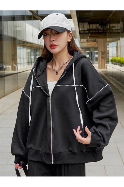 Planet Butik Black Hooded Cardigan with Piping