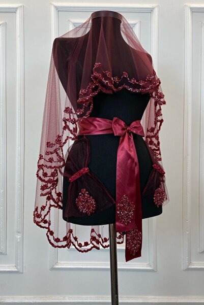 ZEYMERADE طقم حجاب زفاف أحمر كلاريت، طقم حجاب حناء مطبوع بالخرز الزجاجي والتر...