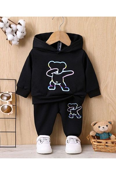 MORNİNG KİDS Set de trening cu glugă neagră cu imprimeu NEON BEAR pentru băieți