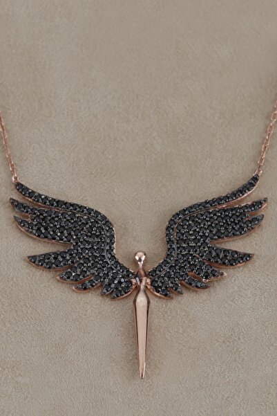 Şimal Silver Kadın 925 Ayar Gümüş Siyah Taşlı Mikail Melekli Kolye