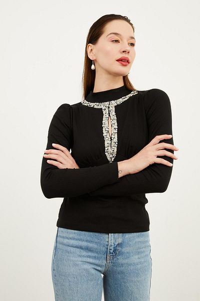 Hanna's by Hanna Darsa Women's Stone Embroidered High Neck Low-cut Long Sleeve Blouse