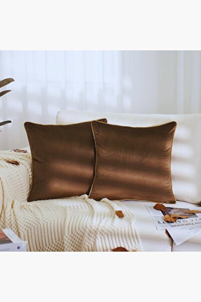 Bc Home 2'li Altın Kenar Biyeli Kahverengi Kırlent Kılıfı Seti, Yumuşak Dokul...