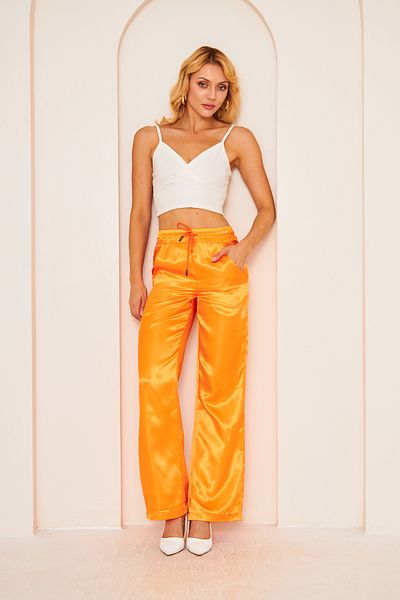WOMAN VISION High Waist and Pocket Orange Satin Women's Trousers - Lace-up Design 9139