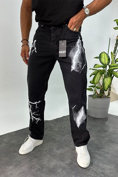 MADZEYMODA Ανδρικό τζιν παντελόνι Lightning εμπριμέ μαύρο φαρδύ Jean