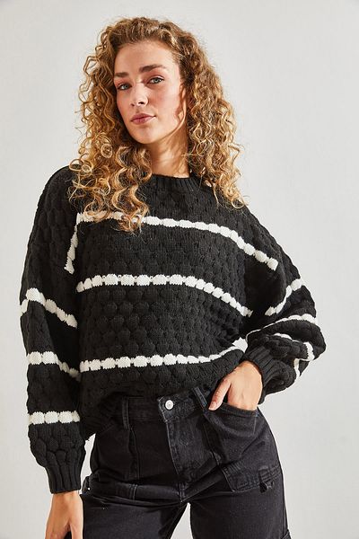 Bianco Lucci Gestreifter Wabenstrickpullover mit Ballonärmeln für Damen