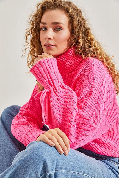 Bianco Lucci Women's Turtleneck Sleeves Lace Up Patterned Knitwear Sweater