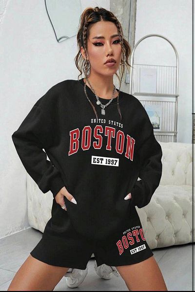 hazelin Women's Black 3 Thread Raised Boston Printed Shorts Sweatshirt Bottom Top Set HZL24W-FRY121221