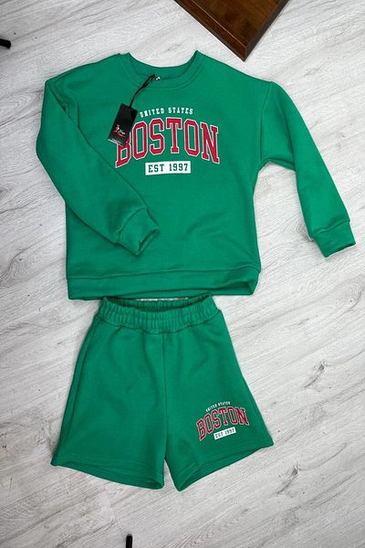 hazelin Women's Green 3 Thread Raised Boston Printed Shorts Sweatshirt Top and Bottom Set HZL24W-FRY121221