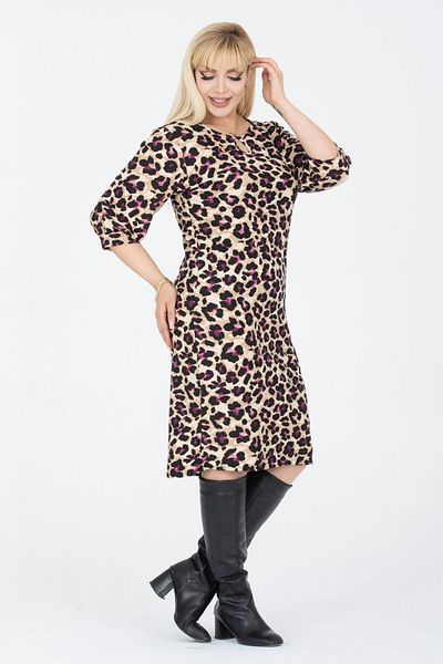 Madwilo Women's Purple Beige Leopard Pattern Drop Collar Balloon Sleeve Plus Size Flexible Suede Dress