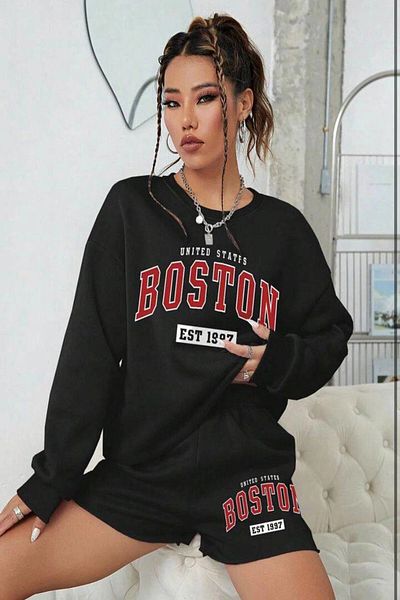 hazelin Women's Black 3 Thread Raised Boston Printed Shorts Sweatshirt Bottom Top Set HZL24W-FRY121221