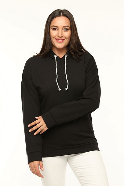 Curvy Trend Plus Size Hooded Glittery Lace-Up Pearl Detailed Pocket Sweatshirt