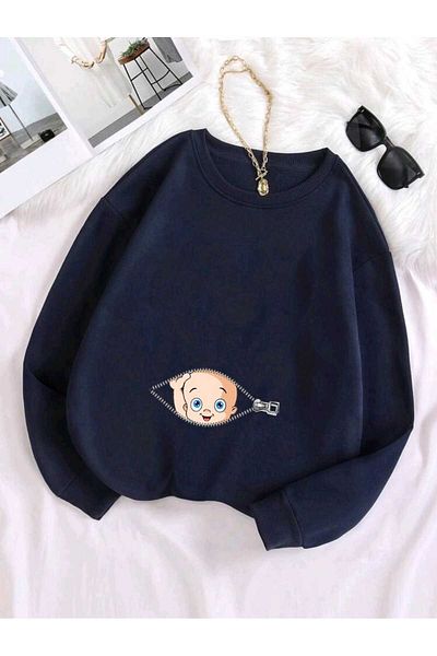 caxis Women's Zipper Baby Printed Maternity Oversize Crew Neck Sweatshirt