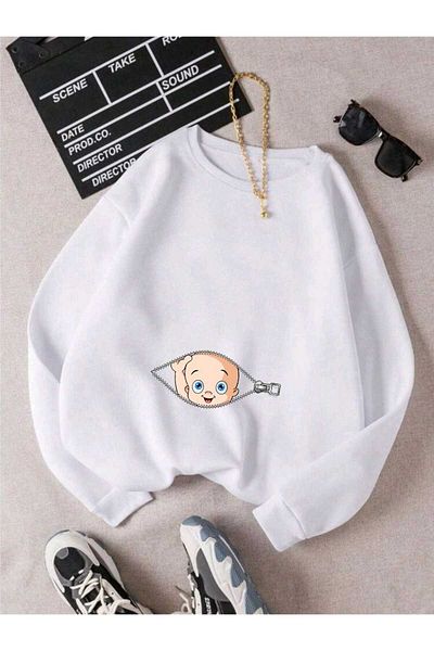 caxis Women's Zipper Baby Printed Maternity Oversize Crew Neck Sweatshirt