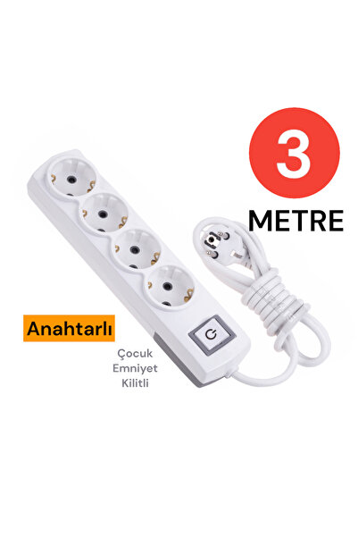 Tek-İş Grup Priz Topraklı 4 Lü 3 Metre Anahtarlı Çocuk Korumalı Çoklu Priz Se...