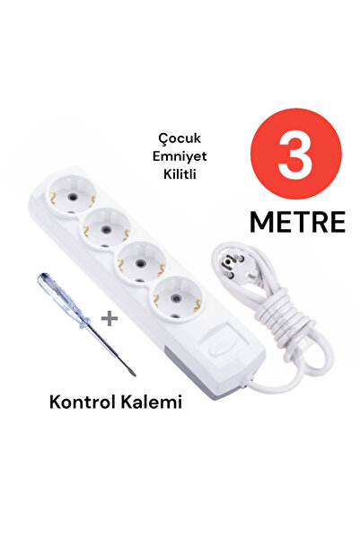 Tek-İş Grup Priz Topraklı 4 Lü 3 Metre + Kontrol Kalemi Çoklu Priz Seyyar Ara...