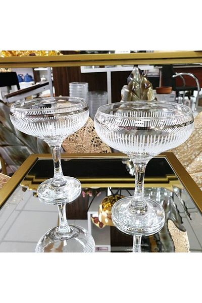 Paşabahçe Lava 6-Piece Patterned Silver Platinum Gilded Magnolia Glass - Ice Cream and Snack Bowl Effect