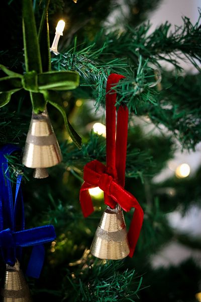 Beige & Stone Christmas Tree Ornament Medium Size Bell with Ribbon