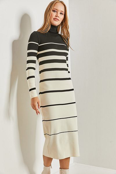 Bianco Lucci Women's Turtleneck Striped Long Knitwear Dress