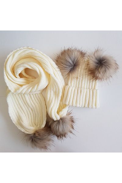ESES BEBE Set beanie eșarfă pentru bebeluși cu pompon natural